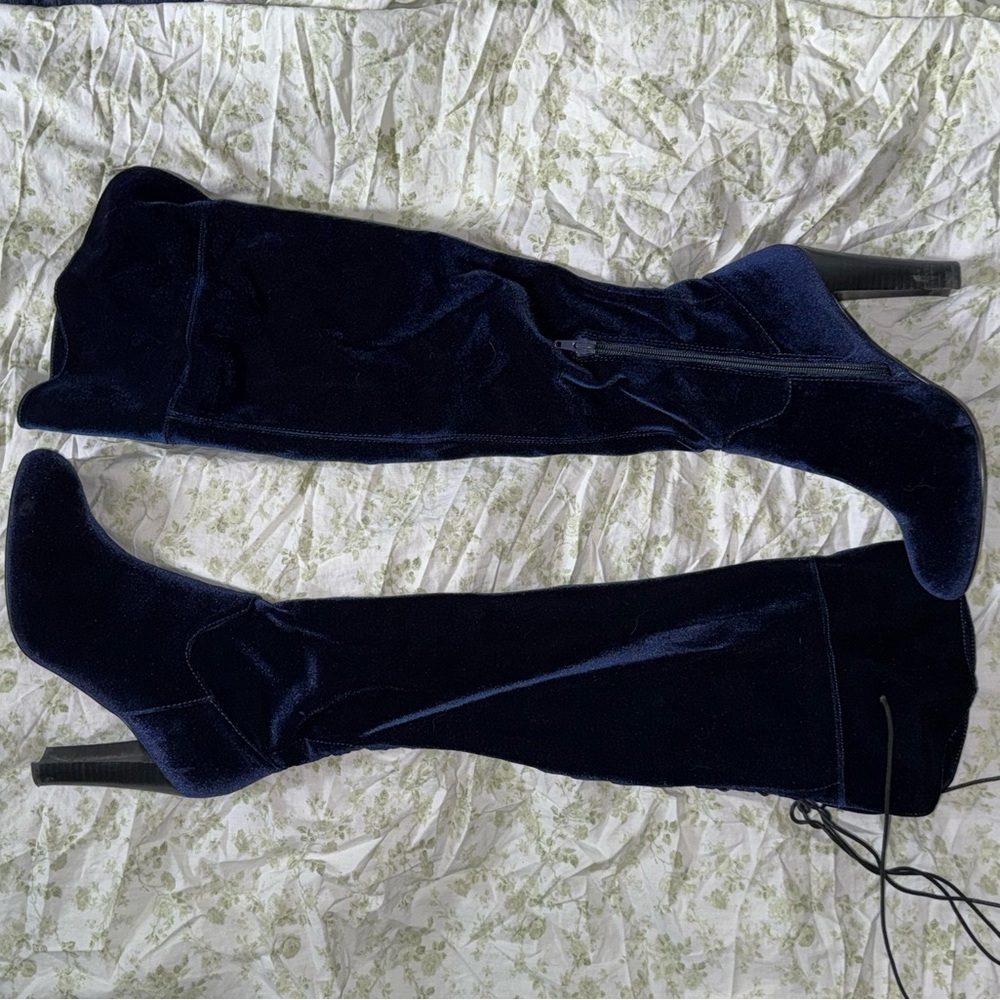 Elegant Navy Velvet Knee-High Boots